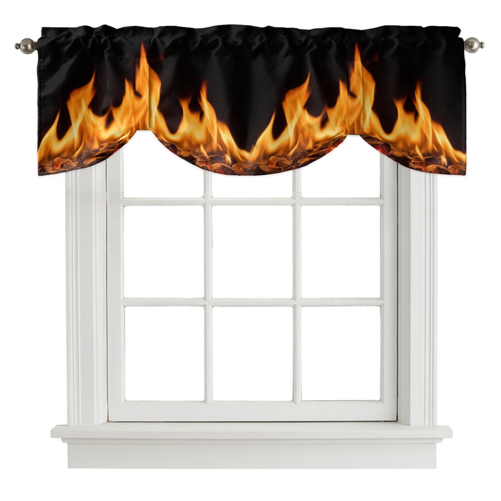 Orange Flames Tie Up Valances Curtain, Neon Style Black Background Kitchen Valances for Windows Decor, Rod Pocket Short Curtains Set for Bedroom/Bathroom, 54"x18"