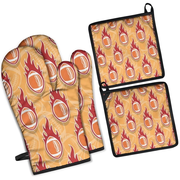 Orange Flaming Footballs Pattern Kitchen Oven Mitt and Pot Holder Sets 2 Pcs for Baking, Cooking and Grilling, Heat Resistant Up To 392 °F