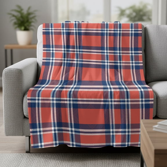Orange And Fleece Throw Blanket Blue British Style Plaid Ultra Soft Fuzzy Cozy Flannel Throw Blanket for Couch Sofa Bed Car Travel, Ideal Gifts 30x40 Inches