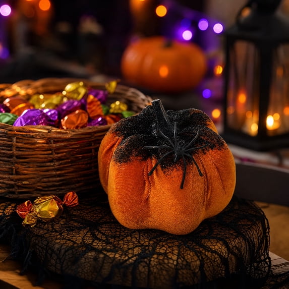 Orange Flocked Velvet Pumpkin Figurine 3.9 Inch Glitter Gradient Artificial Pumpkins Tabletop Ornament for Halloween Fall Table Decor