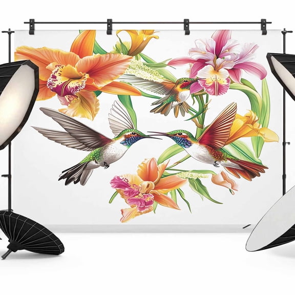 Orange Floral Backdrop for Photoshoot,Photography Photo Studio Background Wall Backdrop,Spring Kingfisher Watercolor Retro Art Back Drop Banner Panel for Portraits Wedding Party Live Streaming 12x8Ft