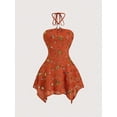 thumbnail image 1 of Orange Floral Beaded Halter Mini Dress With Embroidered Corset Fit And Asymmetrical Hem, 1 of 8