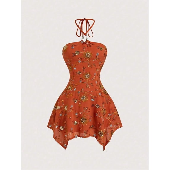 Orange Floral Beaded Halter Mini Dress With Embroidered Corset Fit And Asymmetrical Hem
