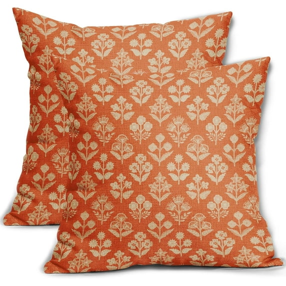Orange Floral Block Print Pillow Covers 18x18 Inch Set of 2, Vintage Flower Pattern Decorative Throw Pillowcases Outdoor Farmhouse Cushion Covers Fall Rustic Sofa Couch Bed Decor