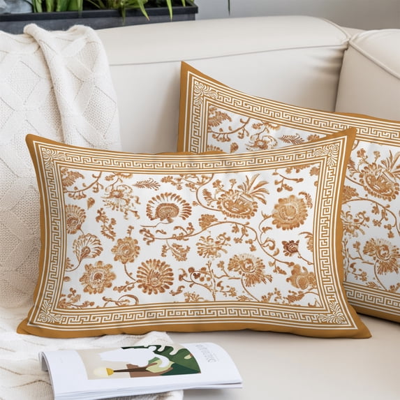 Orange Floral Body Pillow Cover, Pillowcase Protectors with Zipper, Breathable Decorative Throw Pillow Case Cover, Vintage Flowers Botanical Farmhouse Greek Key Pillow Shams for Couch Sofa 24x36Inch