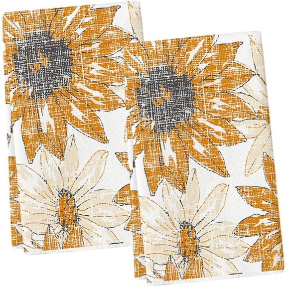 Orange Floral Boho Kitchen Towels Dish Towels, 18x26 Inch Seasonal Spring Summer Decoration Hand Towels Set of 2