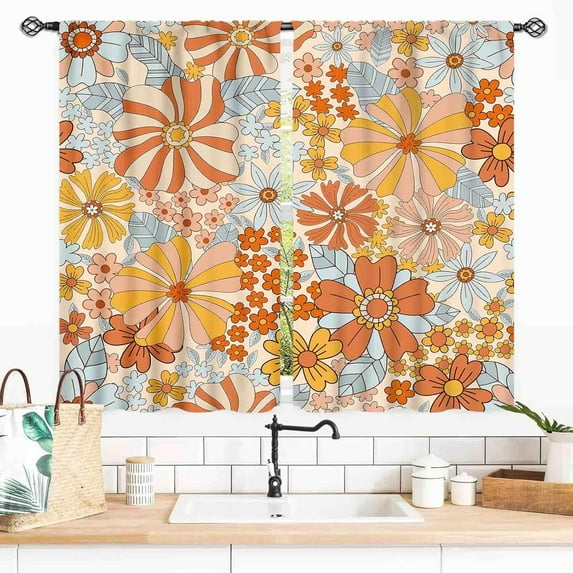 Orange Floral Curtains, Retro 70s Groovy Funky Hippie Boho Yellow Flower Vintage Cute Trippy Window Drapery Treatments for Bedroom Living Room Kitchen Bathroom 2 Panels, 27.5x36 Inch