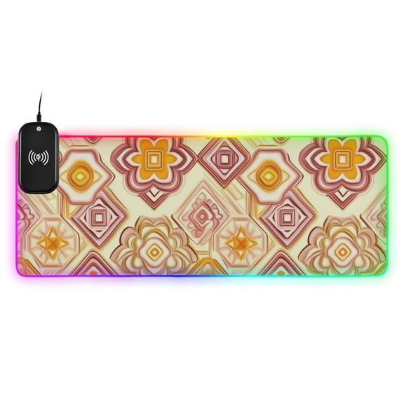 Orange Floral Design Wireless Charging RGB Gaming Mouse Pad Large Keyboard Mat Rubber Base 13 Light Modes