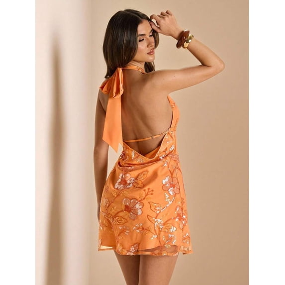 Orange Floral Embroidered Halter Backless Chiffon Mini Dress For Women