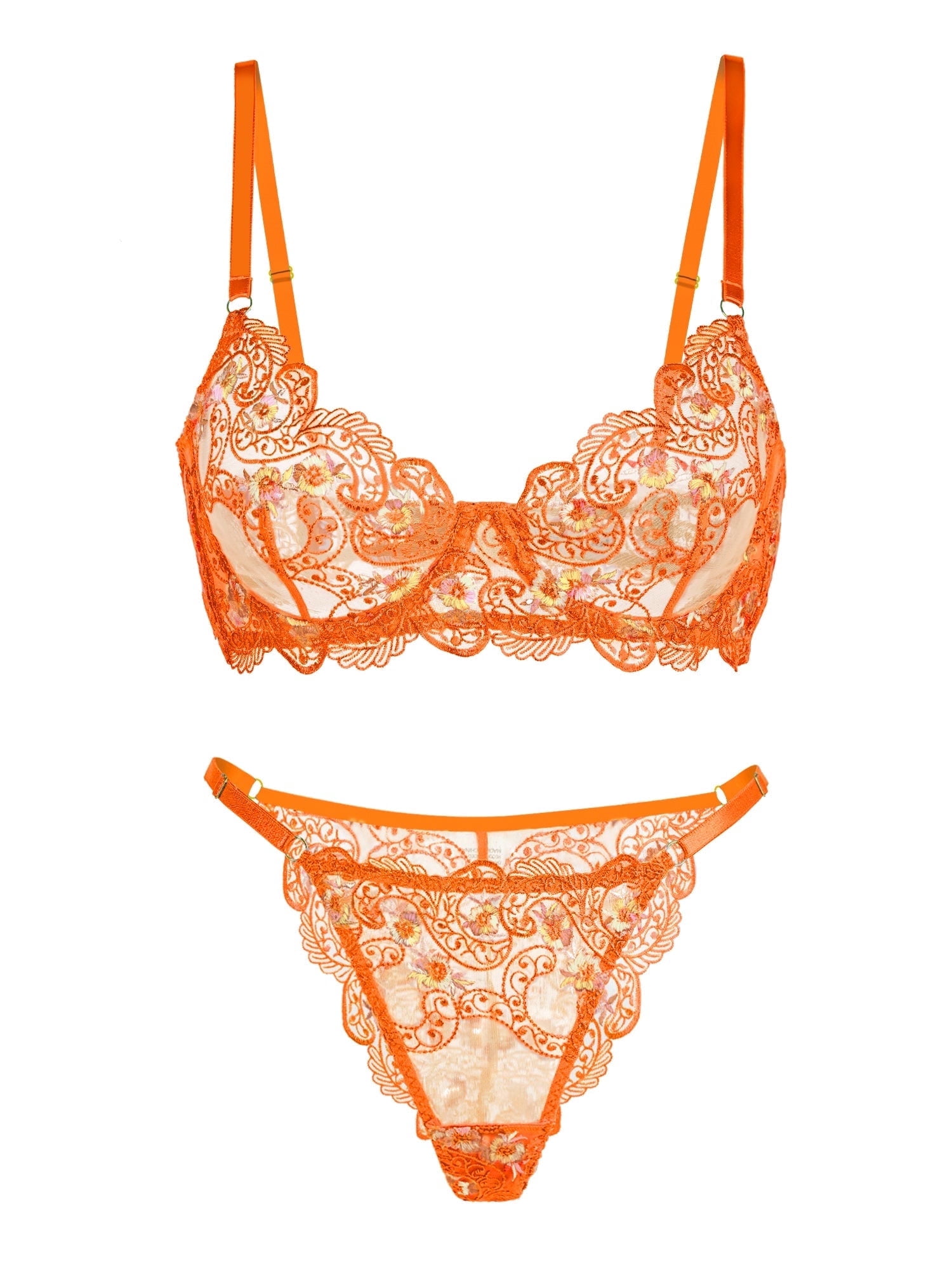 Orange Floral Embroidery Lingerie Set (ORANGE, M)