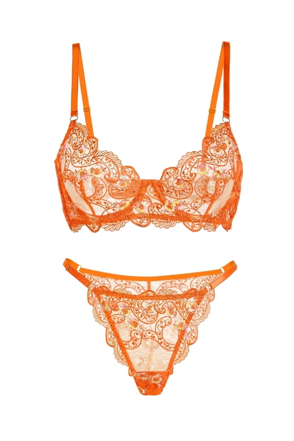 Orange Floral Embroidery Lingerie Set (ORANGE, XL+)