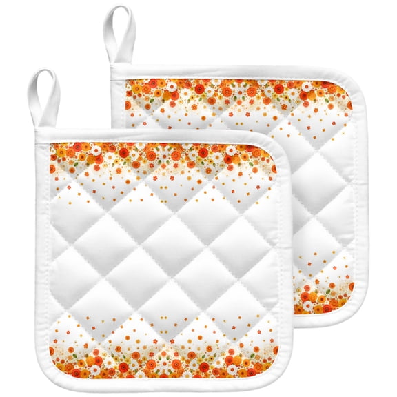 Orange Floral Fall Pot Holders for Kitchen Heatproof Potholder, 2 Pack Weeping Flowers Thanksgiving Hot Pads Multipurpose Oven Pads Terry Cloth Potholders Trivet for Cooking and Baking