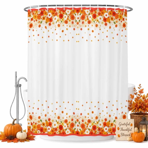 Orange Floral Fall Shower Curtain Set - Small 36" x 72" Washable Bathtub Curtain with 12 Hooks, Weeping Flowers Thanksgiving Waterproof Fabric Stall Shower Curtains for Bathroom/Bathtub Décor