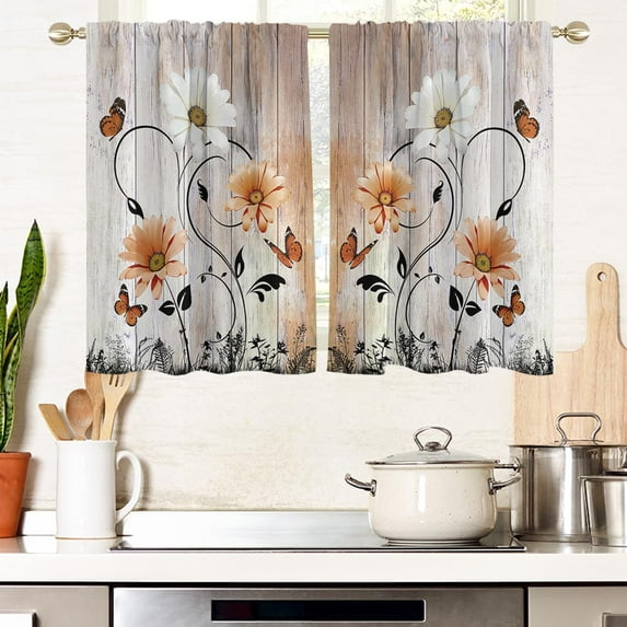 Orange Floral Flower Window Curtains for Kitchen Farmhouse White Leaf Daisy Terracotta Small Short Home Living Room Bedroom Bathroom Drapes Treatment Tiers Fabric 1 Pair, 27.5" W x 39" L, Retro