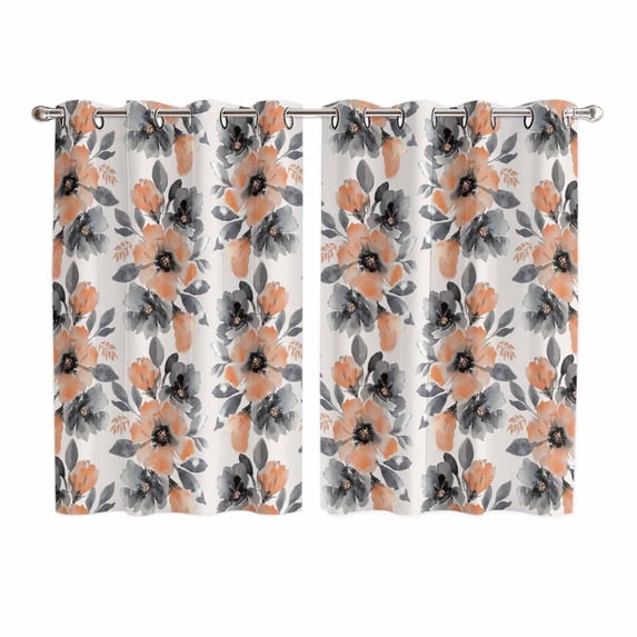 Orange Floral Kitchen Curtains Window Panels, Abstract Watercolor Flower Leaf Plant Insulated Window Treatment Curtain, Grommet Curtains for Bedroom/Living Room/Bathroom, 2 Piece 52"Wx63"L