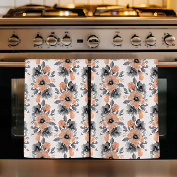 Orange Floral Kitchen Towels Set of 2, Abstract Watercolor Flower Leaf Plant Absorbent Dish Towels for Kitchen, Microfiber Hand Towel, Quick Drying Tea Towel for Cleaning Decorative Dishcloths