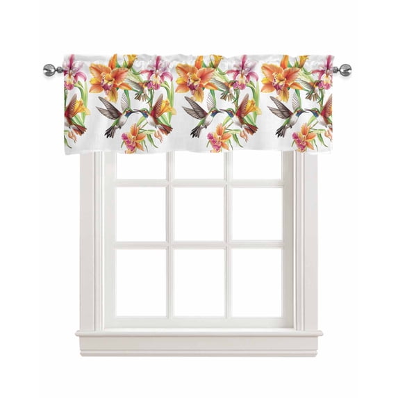 Orange Floral Kitchen Valances for Windows Farmhouse Linen Window Valance Curtain for Living Room Window Treatment Spring Kingfisher Watercolor Retro Art Valance Rod Pocket Topper Drape, 42 x 12 Inch