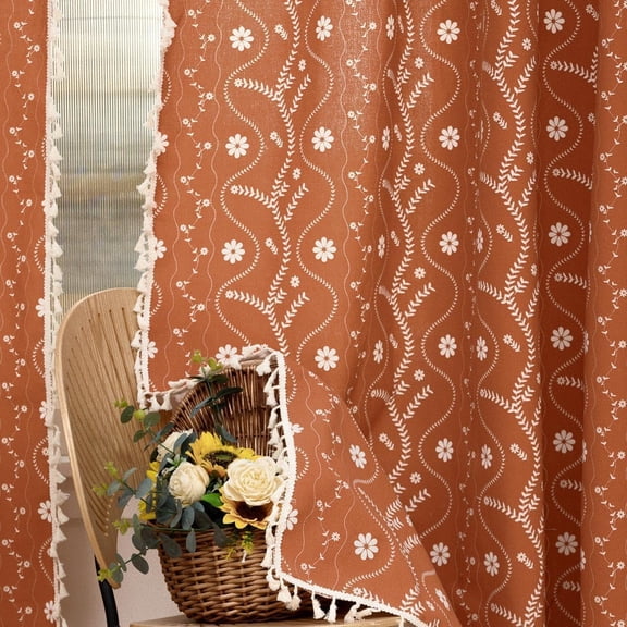 Orange Floral Linen Blackout Curtains for Bedroom Boho Semi Sheer Farmhouse Long Curtains with Tassel for Living Room 96 Inch Length 2 Panels Set, 52" W x 96" L