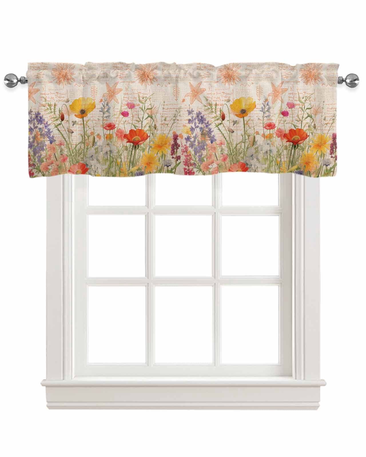 Orange Floral Linen Curtain Valance for Bedroom/Bathroom/Kitchen/Office/Living/Dining Room Windows,Vintage Botanical Flower Plant Herbs Rod Pocket Topper Drapes Decorative Cafe Drapery Panel 42x18