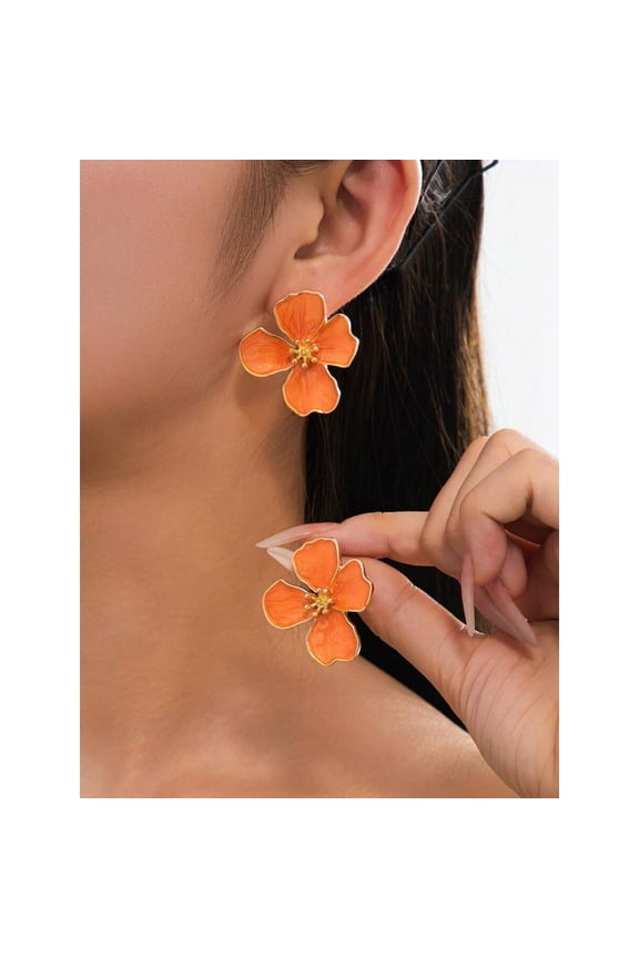 Orange Floral Metal Stud Earrings For Women, Vibrant Flower Design Statement Jewelry