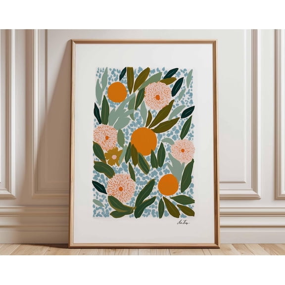 Orange Floral Modern Fruit And Flower Botanical Wall Art Print, Unframed Paper Poster 24x36in