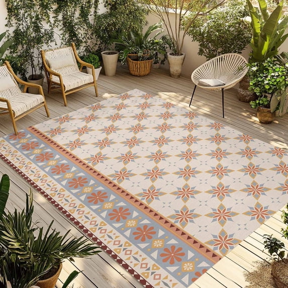 Orange Floral Outdoor Rug for Patio/Deck/Porch, Non-Slip Large Area Rug 4 x 6 Ft, Country Boho Ethnic Art Flowers Motifs Indoor Outdoor Rugs Washable Area Rugs, Reversible Camping Rug Carpet Runner