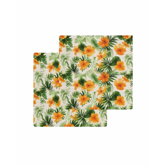 Orange Floral Palm Leaves Kitchen Dish Towels for Drying Dishes Set of 2, Tropical Summer Botancial Waffle Weave Microfiber Terry Hand Tea Bathroom Towels Quick Dry & Absorbent Towel 12x12