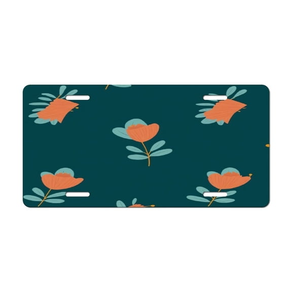 Orange Floral Pattern on Teal Background Car Decorative Front License Plate,Vanity Tag,Metal Car Plate,Aluminum Novelty License Plate for Men/Women Car,6 X 12 Inch