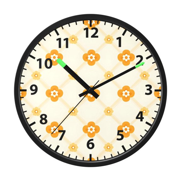 Orange Floral Pattern Wall Clock 12 Inch Voice Activated Night Light Silent Non Ticking