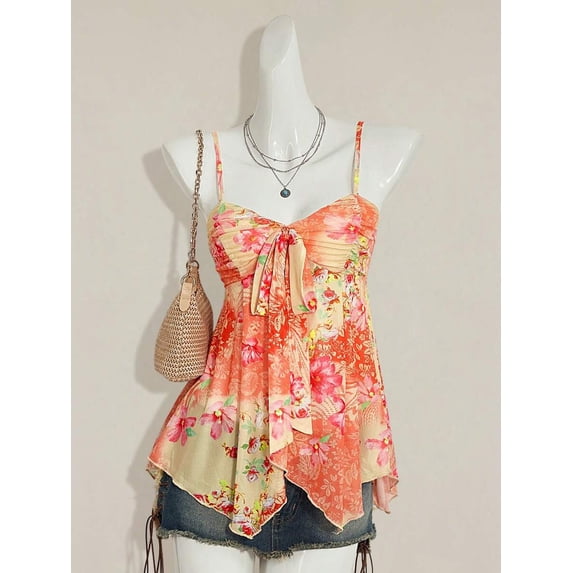 Orange Floral Print Camisole Tank Top With Tie Front And Spaghetti Straps
