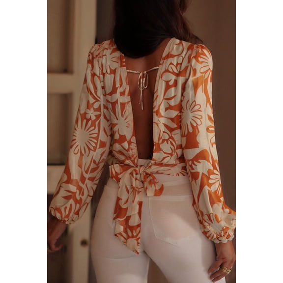 Orange Floral Print Knotted Open Back Long Sleeve Blouse