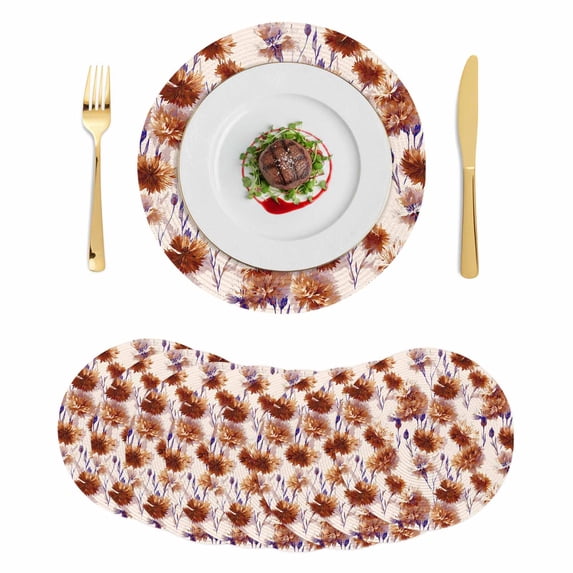Orange Floral Round 13 Inch Placemats Set of 8, Vintage Cornflower Leaves Rustic Plants HeatResistant Non Slip Place Mats for Dining Table, Wipeable Braided Kitchen Table Mats for Housewarming