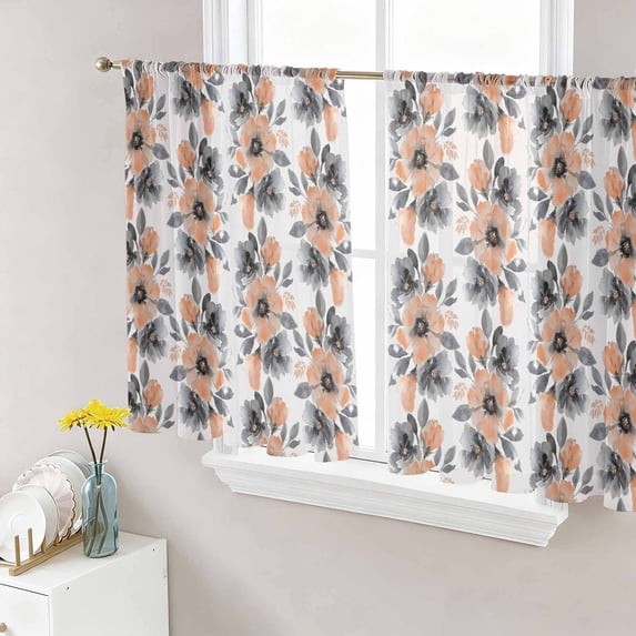 Orange Floral Sheer Curtains 54 Inch Length 2 Panels Set Window Treatments, Abstract Watercolor Flower Leaf Plant Rod Pocket Semi Curtains for Living Room/Bedroom/Kitchen Décor, 104"W x 54"L