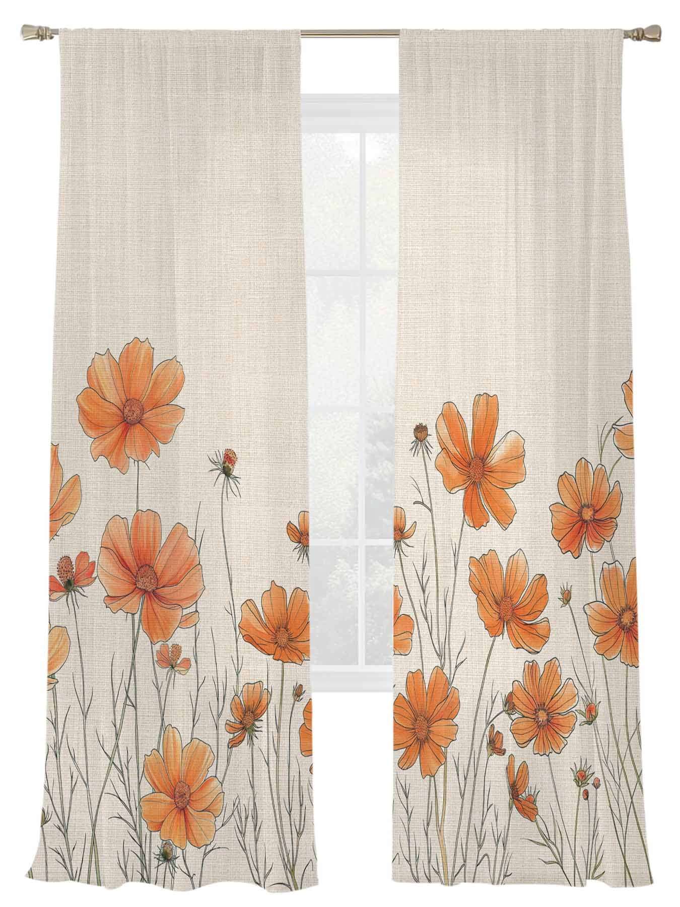 Orange Floral Sheer Curtains 84 inches Long 2 Panels Set Minimalism Watercolor Chrysanthemum Linen Tiers Sheers Rod Pocket Small Window Short Curtains for Kitchen Cafe, Each 52" W x 84" L