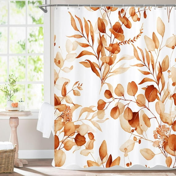 Orange Floral Shower Curtain, Modern Plants Botanical Fabric Cloth Shower Curtains for Rustic Vintage Bathroom Decor, Fall Watercolor Eucalyptus Leaf, 72x72