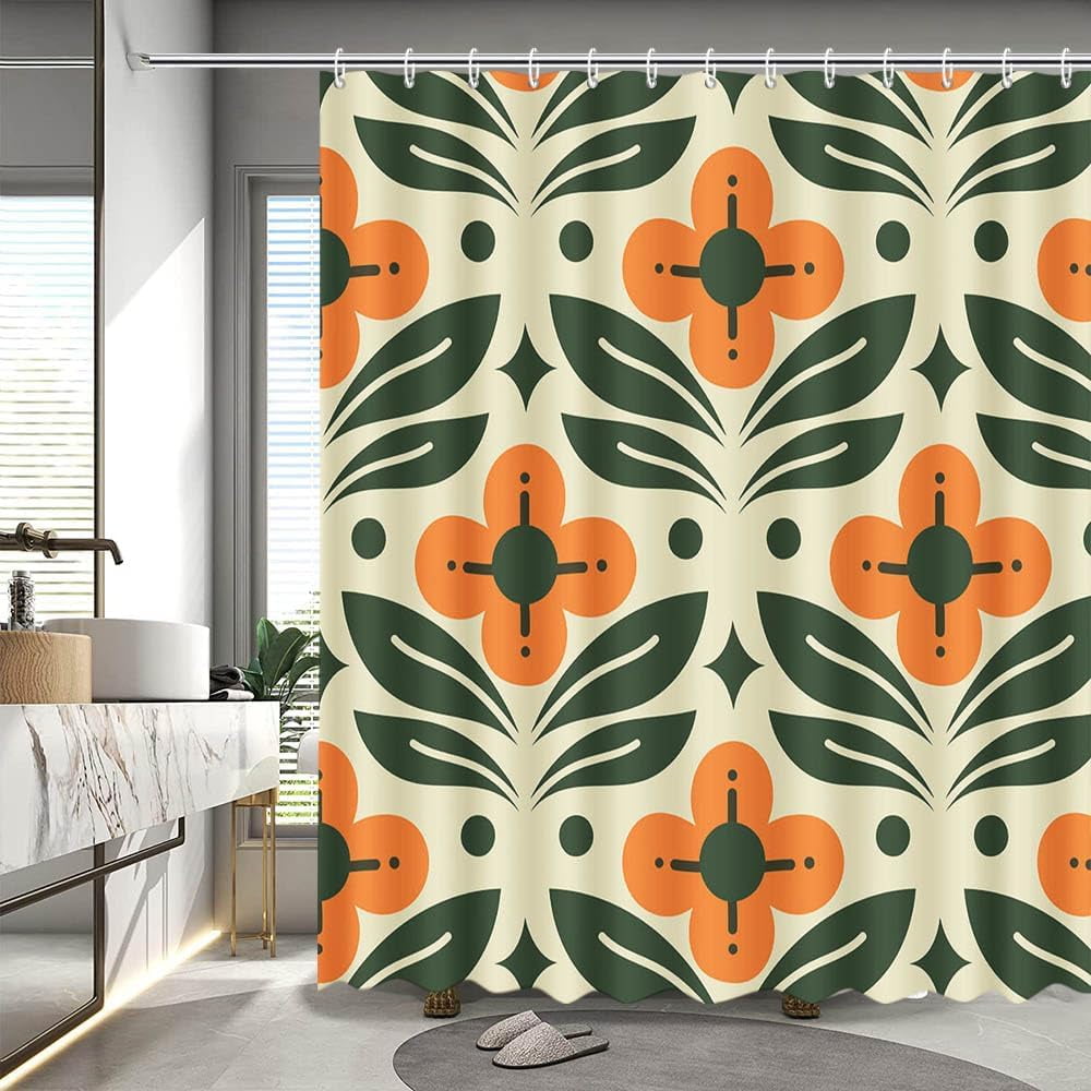 Orange Floral Shower Curtain Vintage Mid Century Modern Abstract ...