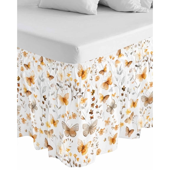 Orange Floral Spring Wrap Around Bed Skirts for Queen Bed 16" Drop, Bed Skirt with Adjustable Elastic Belt Dust Ruffle Bed Valance for Bedroom Hotel Luxury Butterfly Botanical Summer Bed Frame Cover