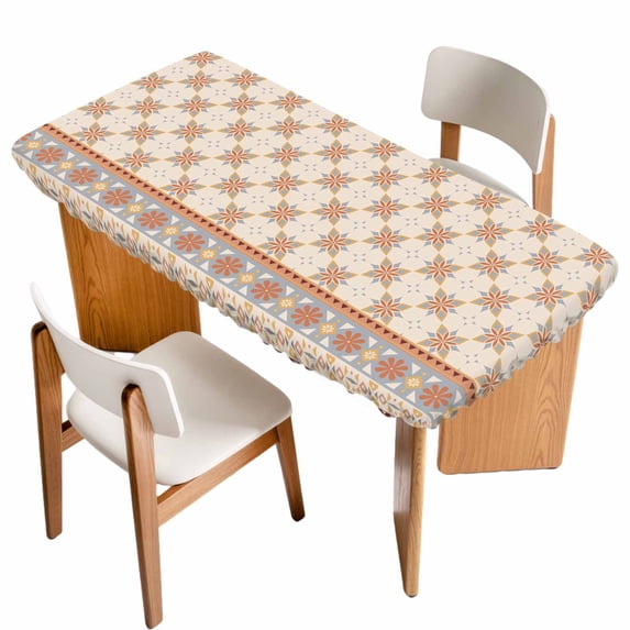 Orange Floral Table Cloths for 5 Foot Rectangle Tables, Country Boho Ethnic Art Flowers Motifs Patio Waterproof Elastic Fitted Tablecloths, Washable Rectangular Table Cover for Camping