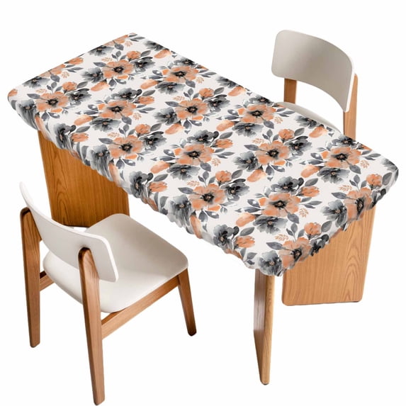 Orange Floral Table Cloths for 6 Foot Rectangle Tables, Abstract Watercolor Flower Leaf Plant Patio Waterproof Elastic Fitted Tablecloths, Washable Rectangular Table Cover for Camping
