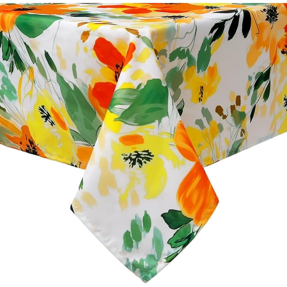 Orange Floral Tablecloth 60×84 inch Waterproof, Spring Summer Oblong Table Cloth Washable, Cloth Table Cover for Party Picnic Dinner Decor (Floral 01)