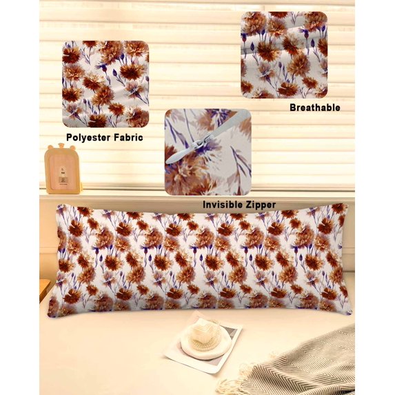 Orange Floral Throw Pillow Covers, Vintage Cornflower Leaves Rustic Plants Soft Breathable Pillow Cases with Invisible Zipper for Sleeping, Long Body Pillowcases for Couch Bed Sofa Chair 20x60 Inches