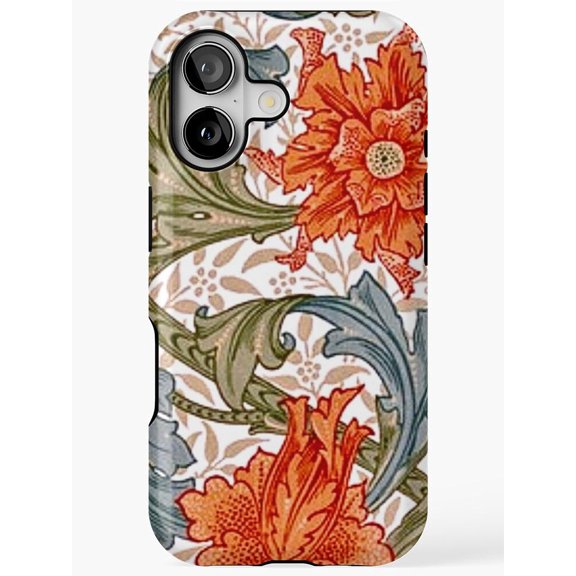Orange Floral and Blue-Gray Leaf Scroll Tough Case for Apple iPhone Models, Polycarbonate and TPU