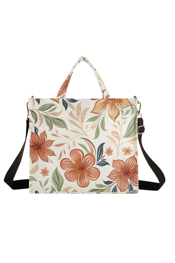 Orange Floral and Flowers Corduroy Tote Bag Handbag Large Messenger Bag Shoulder Crossbody Zipper Bag Purse