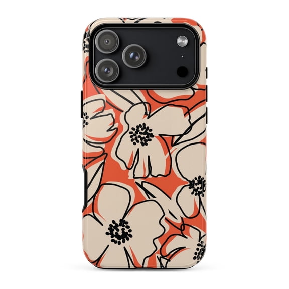 Orange Floral iPhone Case, Bold Poppy Line-Art Tough Cover for iPhone 17 16 15 14 13 12 11 Pro Max, Dual-Layer Protection