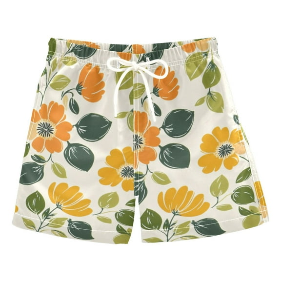 Orange Florals Boys Swim Trunks Quick Dry Boy Swim Shorts for 3-14 Years