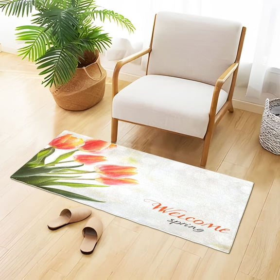 Orange Florals Welcome Spring Plush Carpet Non Slip Runner Rug Absorbent Bath Mat 39" x 20"