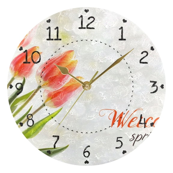 Orange Florals Welcome Spring Round Wall Clock Silent Analog Battery Operated Gold Pointer Home Decor 9.84" Diameter