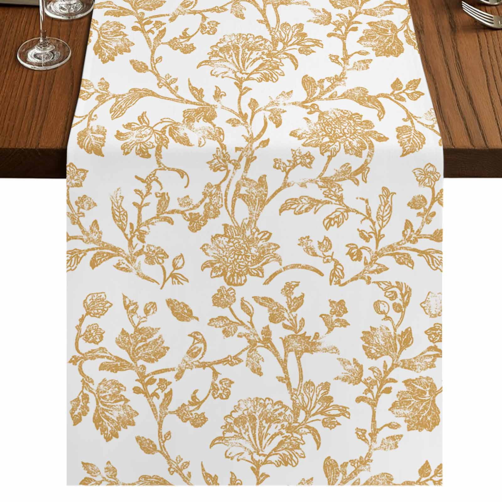 Orange Flower 120 Inch Table Runner, Vintage Farmhouse Boho Leaf Spring Plant Farmhouse Dresser Scarf Cotton & Linen Tablerunner for Dining/Kitchen Island/Holiday Party Décor 13" x 120"
