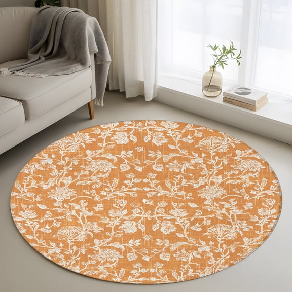 Orange Flower 3' Round Rug for Bathroom Accent Bedside Corner, Pastoral White Plant Petal Leaf Rustic Linen Washable Non Slip Circle Area Rug for Small Spaces