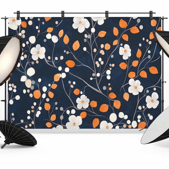 Orange Flower Backdrop for Photography,Fabric Photo Background Backdrop,White Spring Pastoral Floral Navy Blue Photo Booth Background for Portrait Photoshoot Video Wedding Studio Decor Banner 7x5ft